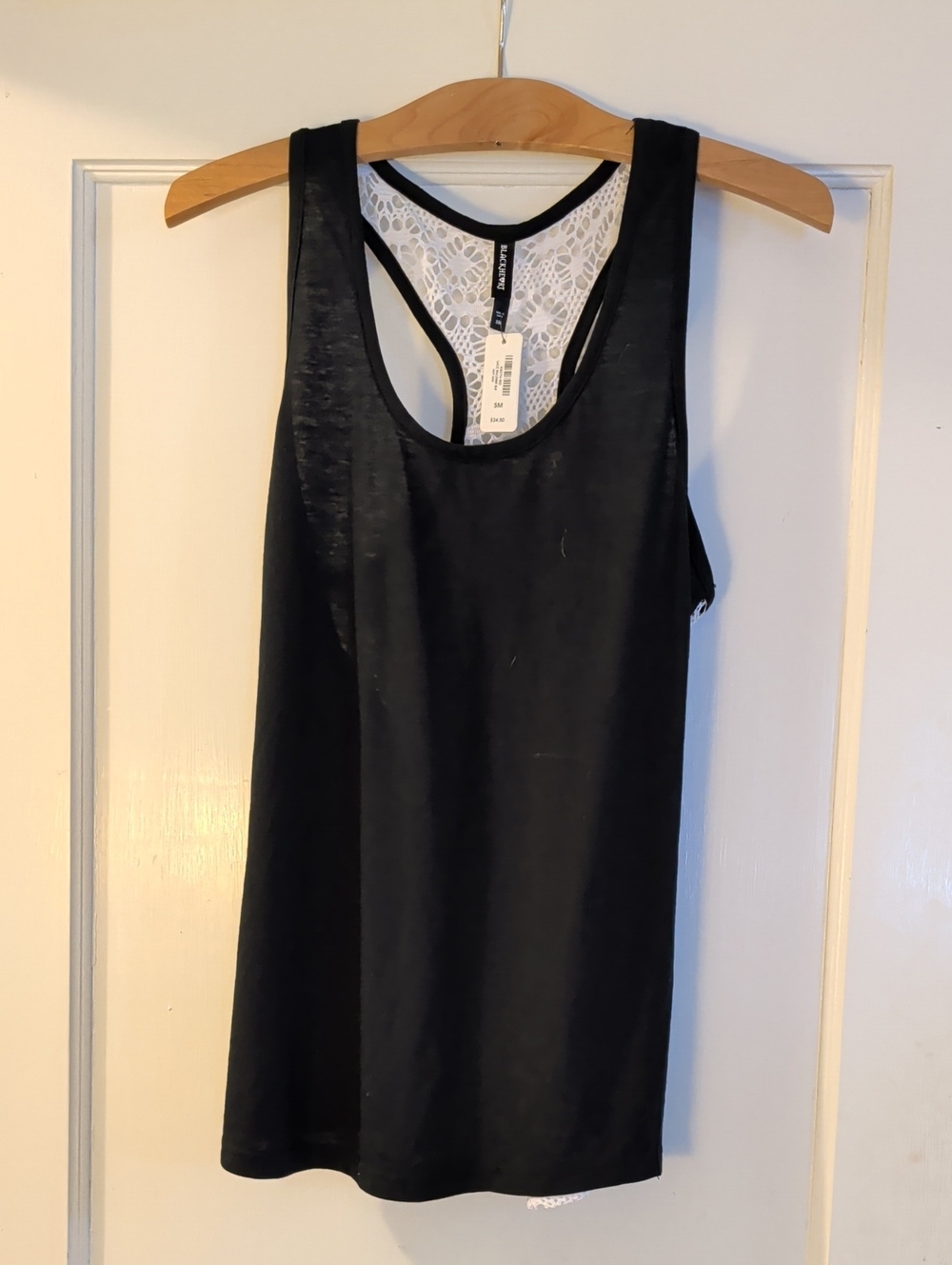 NWT Blackheart Black Tank with White Lace Racerback Panel, Sz Sm